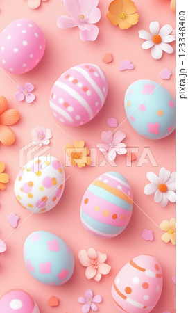 Colorful pastel felted Easter eggs and flowers in intricate seamless pattern design 123348400