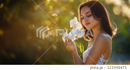 Banner with beautiful young woman white dress stands near blooming orchids during a walk in the park, tropical nature and stylish image of young woman, vacation concept at tropical resort Banner with beautiful young woman white dress stands near blooming orchids during a walk in the park, tropical nature and stylish image of young woman, vacation concept at tropical resort 123348471