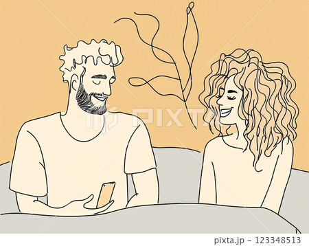 Happy young couple sitting on sofa in cozy living room and looking at smartphone screen calling friends or family, line art drawing, man and woman laughing talking on cell phone, beige background Happy young couple sitting on sofa in cozy living room and looking at smartphone screen calling friends or family, line art drawing, man and woman laughing talking on cell phone, beige background 123348513
