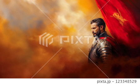 Medieval warrior in shining armor stands behind a red flag, symbol of strength and courage, defense of the country, copy space with concept for historical portraits or screensavers Medieval warrior in shining armor stands behind a red flag, symbol of strength and courage, defense of the country, copy space with concept for historical portraits or screensavers 123348529