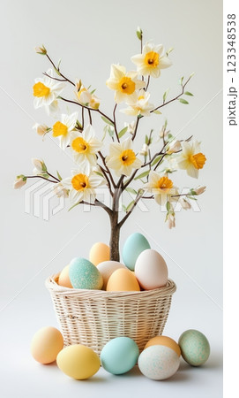 Easter tree adorned with pastel eggs and vibrant daffodils in front of a decorative basket 123348538