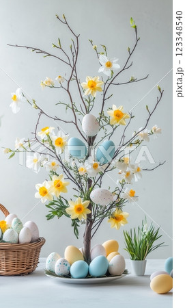 Beautiful Easter tree decorated with pastel eggs and daffodils beside an Easter basket Beautiful Easter tree decorated with pastel eggs and daffodils beside an Easter basket 123348540
