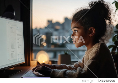 Close-up of little girl enthusiastically reading textbook on computer monitor screen at home, concept about distance education and availability of information search in safe internet environment 123348550