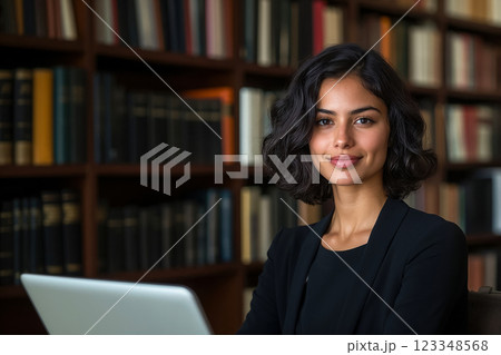 Portrait of young smiling student woman in college library working on research on laptop, copy space with concept about importance of education and skill enhancement 123348568