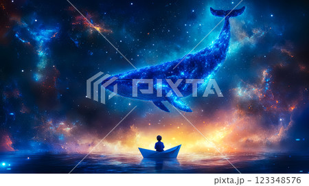 Paper boat on a magical glowing fluorescent sea, little boy looking at the sky, bright neon colors flickering, huge blue whale floating in the sky surrounded by bright stars, dream and sleep concept Paper boat on a magical glowing fluorescent sea, little boy looking at the sky, bright neon colors flickering, huge blue whale floating in the sky surrounded by bright stars, dream and sleep concept 123348576