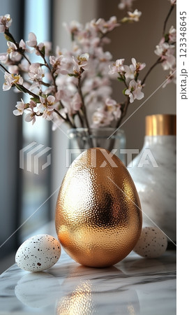 Elegant gold Easter egg display on marble surface with delicate decorations 123348645