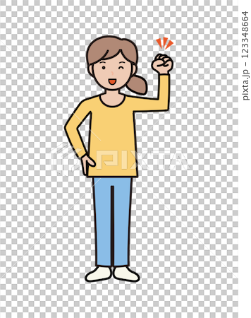 ガッツポーズでやる気満々のパンツルックの若い女性の全身イラスト ガッツポーズでやる気満々のパンツルックの若い女性の全身イラスト 123348664
