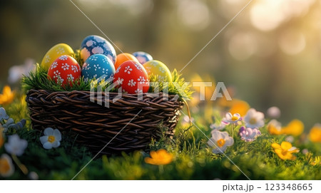 Vibrant Easter eggs nestled in a wicker basket surrounded by colorful spring flowers and grass Vibrant Easter eggs nestled in a wicker basket surrounded by colorful spring flowers and grass 123348665