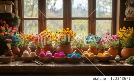 Dyed Easter eggs in bowls with natural dye surrounded by artistic tools on a sunny kitchen counter 123348671