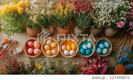 Creative Easter egg dyeing process using natural dyes and tools on a kitchen counter 123348672