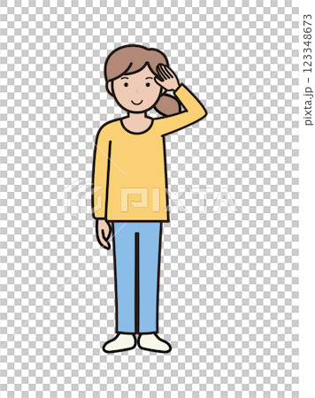 敬礼ポーズをするパンツルックの若い女性の全身イラスト 123348673
