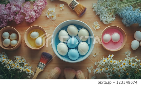 Colorful Easter egg dyeing process on a bright kitchen counter with natural materials 123348674