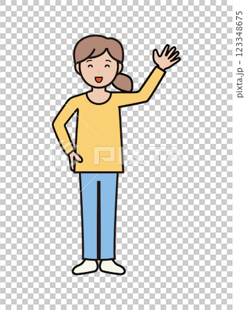 元気に挨拶をするパンツルックの若い女性の全身イラスト 123348675