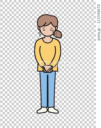Full-body illustration of a young woman in pants apologizing in a hurry Full-body illustration of a young woman in pants apologizing in a hurry 123348678
