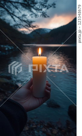 Lighting an Easter candle by the lakeside at dusk for a moment of reflection and hope 123348679