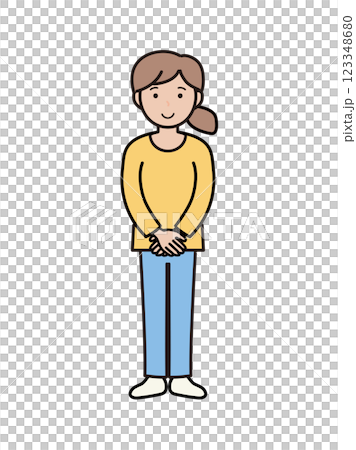 笑顔でおもてなしポーズのパンツルックの若い女性の全身イラスト.ai 123348680