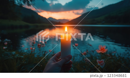 Lighting the Easter candle by the lakeside at dusk for a moment of reflection 123348681