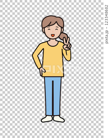 笑顔でピースをするパンツルックの若い女性の全身イラスト 123348682