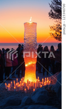 Unity and celebration during sunrise Easter service with a large candle Unity and celebration during sunrise Easter service with a large candle 123348700