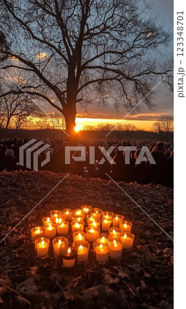 Gathering at sunrise for Easter candle lighting ceremony of hope and unity 123348701