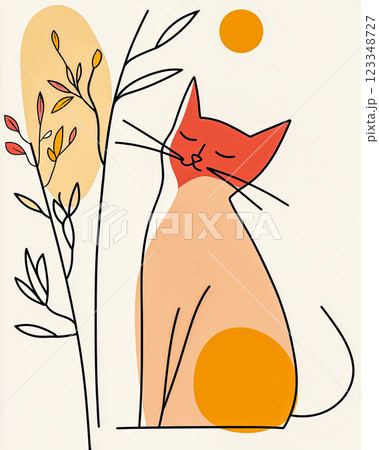 Vertical poster with a cat next to flowers, beige bright background, line art style drawing, spring postcard or greeting concept 123348727