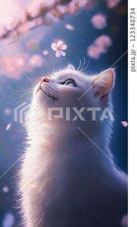 Vertical drawing of a white kitten looking at cherry blossoms, close-up of a cat admiring delicate pink petals swaying in the wind, concept of spring and harmony in nature 123348734