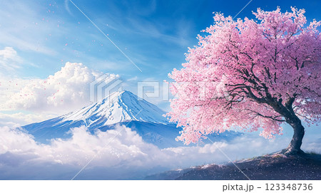 Cherry blossoms against a snow-capped mountain backdrop, an aesthetic harmony between nature, tradition and beauty in a poetic landscape inspired by Japanese style Cherry blossoms against a snow-capped mountain backdrop, an aesthetic harmony between nature, tradition and beauty in a poetic landscape inspired by Japanese style 123348736