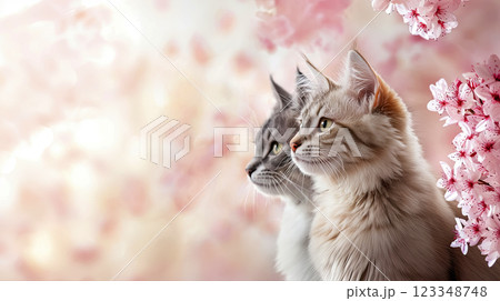 Poster with two cats under Japanese cherry blossoms, soft sunlight and dreamy spring atmosphere filled with warmth, copy space for spring festival and cherry blossom season concept 123348748