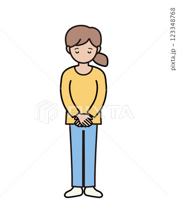 頭を下げて謝るパンツルックの若い女性の全身イラスト 頭を下げて謝るパンツルックの若い女性の全身イラスト 123348768