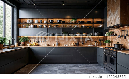 Modern high-tech kitchen project using natural light, dark panels made of reclaimed materials and the use of natural wood in the design, stylish unique design Modern high-tech kitchen project using natural light, dark panels made of reclaimed materials and the use of natural wood in the design, stylish unique design 123348855