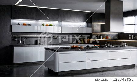 The concept is stylish, modern kitchen with an emphasis on functionality and the use of natural materials, kitchen with high-tech appliances and an open design 123348856