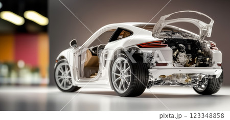 Modern sports sedan car showroom display, high-tech sports car disassembled to show the car's structure and engine, concept of engineering skill and technology 123348858