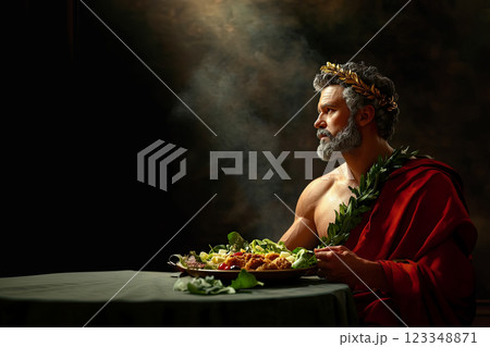 Vintage portrait with roman enjoying fresh mediterranean caesar salad , cinematographic refreshment dark background , focus on salad , modern cooking and mediterranean cuisine concept 123348871