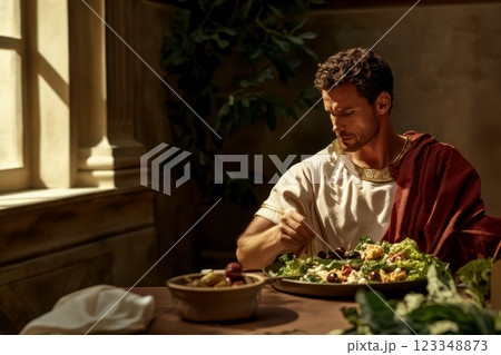 Poster with drawing of noble Roman in an embroidered tunic dining in trattoria, Caesar salad on table bright sunlight from window, copy space concept of modern cooking and Mediterranean cuisine 123348873