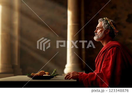 Roman aristocrat sits at wooden table, Caesar salad for breakfast, fusion of modern cuisine with ancient Mediterranean culinary traditions, sunlight from window onto the dining room with Caesar salad 123348876