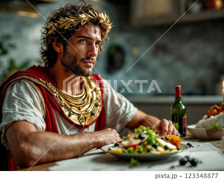 Caesar enjoys a meal at a table in a villa, wearing a toga with gold embroidery and a laurel wreath on his head, lunch with Caesar salad, an interpretation of traditional Mediterranean cuisine Caesar enjoys a meal at a table in a villa, wearing a toga with gold embroidery and a laurel wreath on his head, lunch with Caesar salad, an interpretation of traditional Mediterranean cuisine 123348877