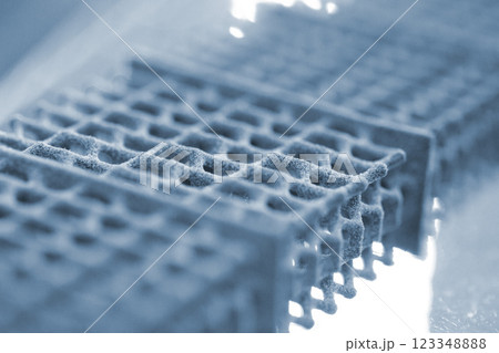Multi-part model printed on 3D printer from grey polyamide powder. Detailed prototype created on 3D printer from plastic powder. 3D printing powder technology Multi Jet Fusion MJF technology 123348888