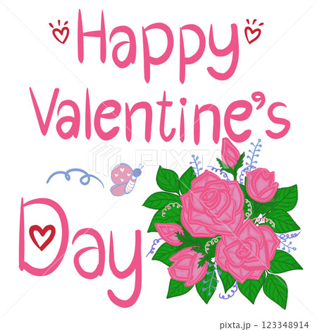 Beautiful Pink rose bouquet with Happy Valentine s Day on white background. 123348914
