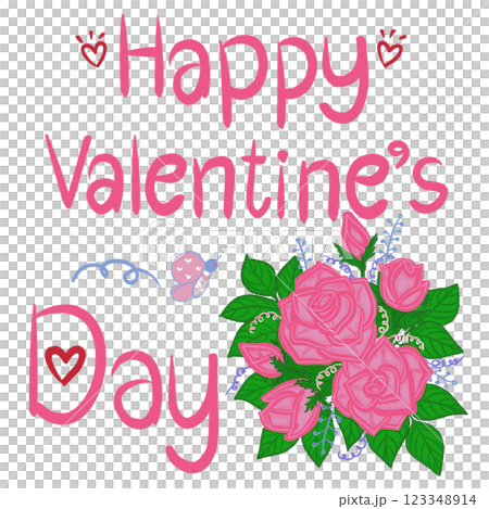 Beautiful Pink rose bouquet with Happy Valentine s Day on white background. 123348914