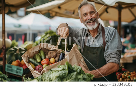 cheerful senior old man selling fruits and vegetables at farmers market 123349103