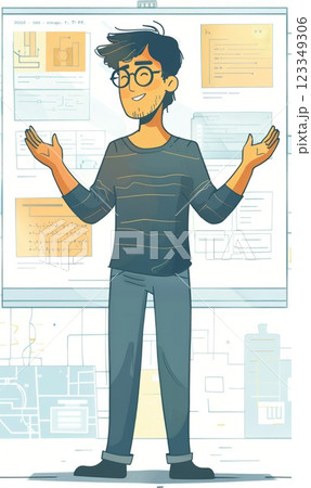 young man speaker teaching at IT developers conference or workshop, showing coding and programming process on digital screen 123349306