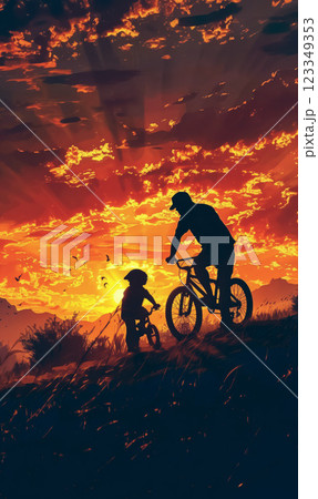 father and son biking together at sunset, family with bicycle enjoying peaceful moment outdoors at summer, bonding and sharing quality time 123349353