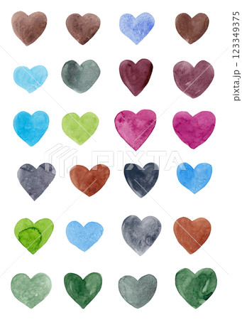 Hand drawn watercolor colorful hearts for your design. Big set 123349375