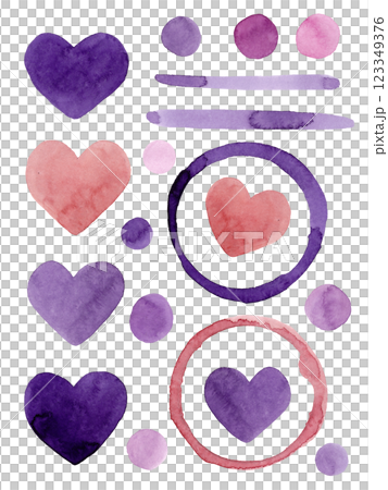 Hand drawn watercolor colorful hearts, circles, lines and dots for your design. Abstract purple and peach elements set Hand drawn watercolor colorful hearts, circles, lines and dots for your design. Abstract purple and peach elements set 123349376