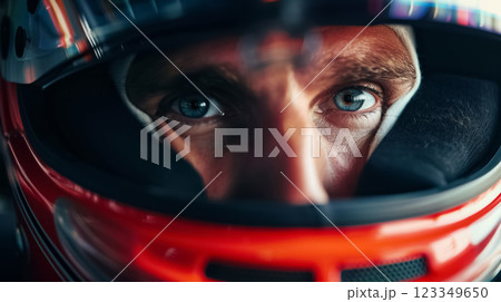 race car driver in safety sport helmet portrait, racing competition concept 123349650