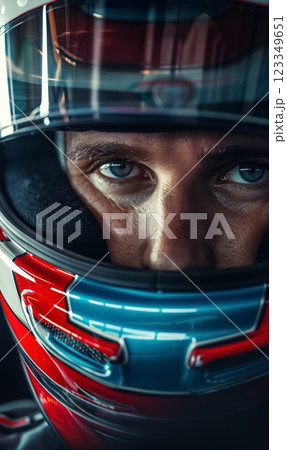 race car driver in safety sport helmet portrait, racing competition concept 123349651