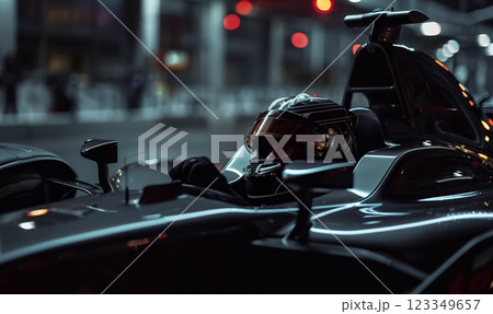 race car driver sitting in sportcar before first lap in safety sport helmet, formula one racing competition concept race car driver sitting in sportcar before first lap in safety sport helmet, formula one racing competition concept 123349657