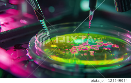 pipette drops vibrant liquid into petri dish, colorful and advanced molecular biology experiment conducted in futuristic research lab 123349954