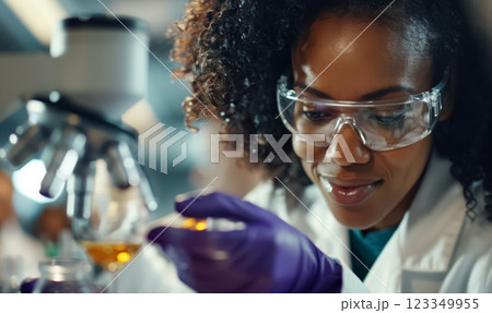 focused female scientist in glasses and purple gloves holds up test tube with biotech sample liquid, biotechnology experiment in laboratory environment 123349955