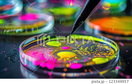 pipette drops vibrant liquid into petri dish, colorful and advanced molecular biology experiment conducted in futuristic research lab 123349957